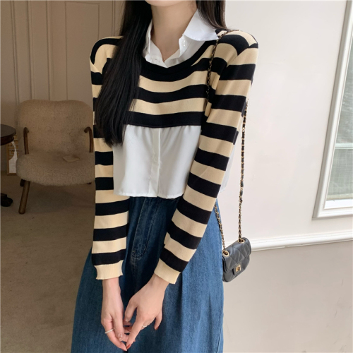 Actual price Striped stitching fake two-piece long-sleeved shirt for women with design sense Polo collar short top