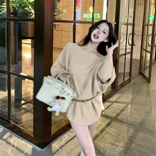 Actual shot ~ Lazy temperament, bat sleeves, loose design, waist slimming, versatile knitted sweater, free belt