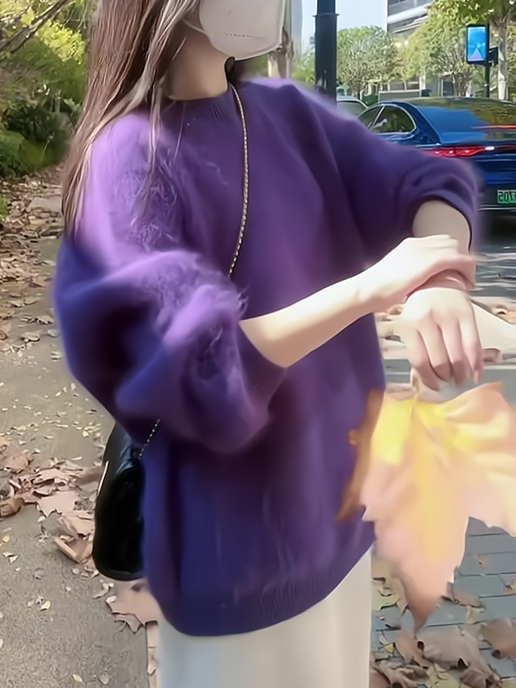 高級感穿搭梨型身材紫色上衣女秋冬設計感毛絨軟糯寬鬆水貂毛毛衣