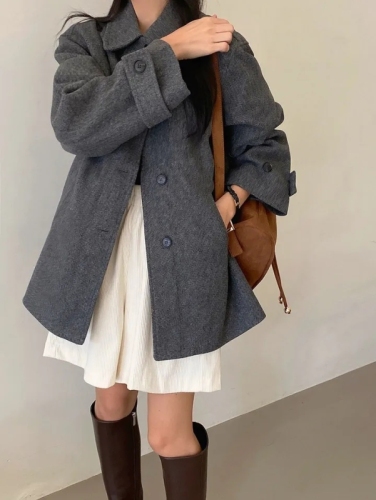 chic Korean style winter French simple lapel single-breasted casual loose versatile woolen windbreaker jacket