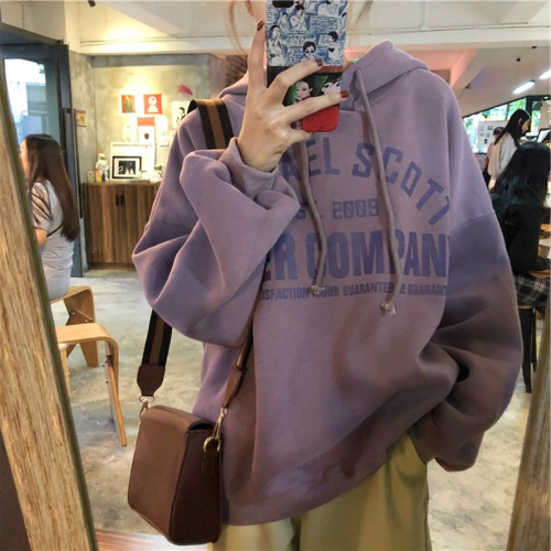 Korean style new autumn and winter thickened velvet loose printed hooded sweatshirt for women