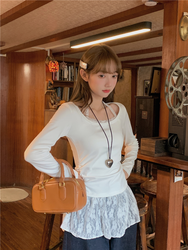 Hand-painted Coconut Milk Cream Puffs Ballet Style Two-Piece Lace V-Neck Knit Top for Women Autumn/Winter Inner Layer Base Shirt