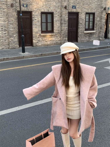 Gray hooded long-sleeved woolen coat, loose, lazy, mid-length, elegant cardigan coat