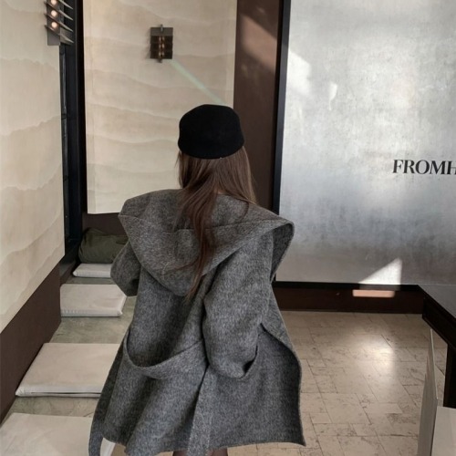 Gray hooded long-sleeved woolen coat, loose, lazy, mid-length, elegant cardigan coat