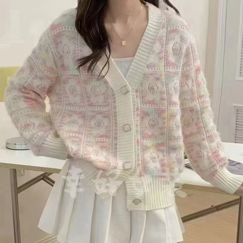 2024秋冬新款日系復古毛衣女溫柔減齡寬鬆外穿菱格針織開衫外套
