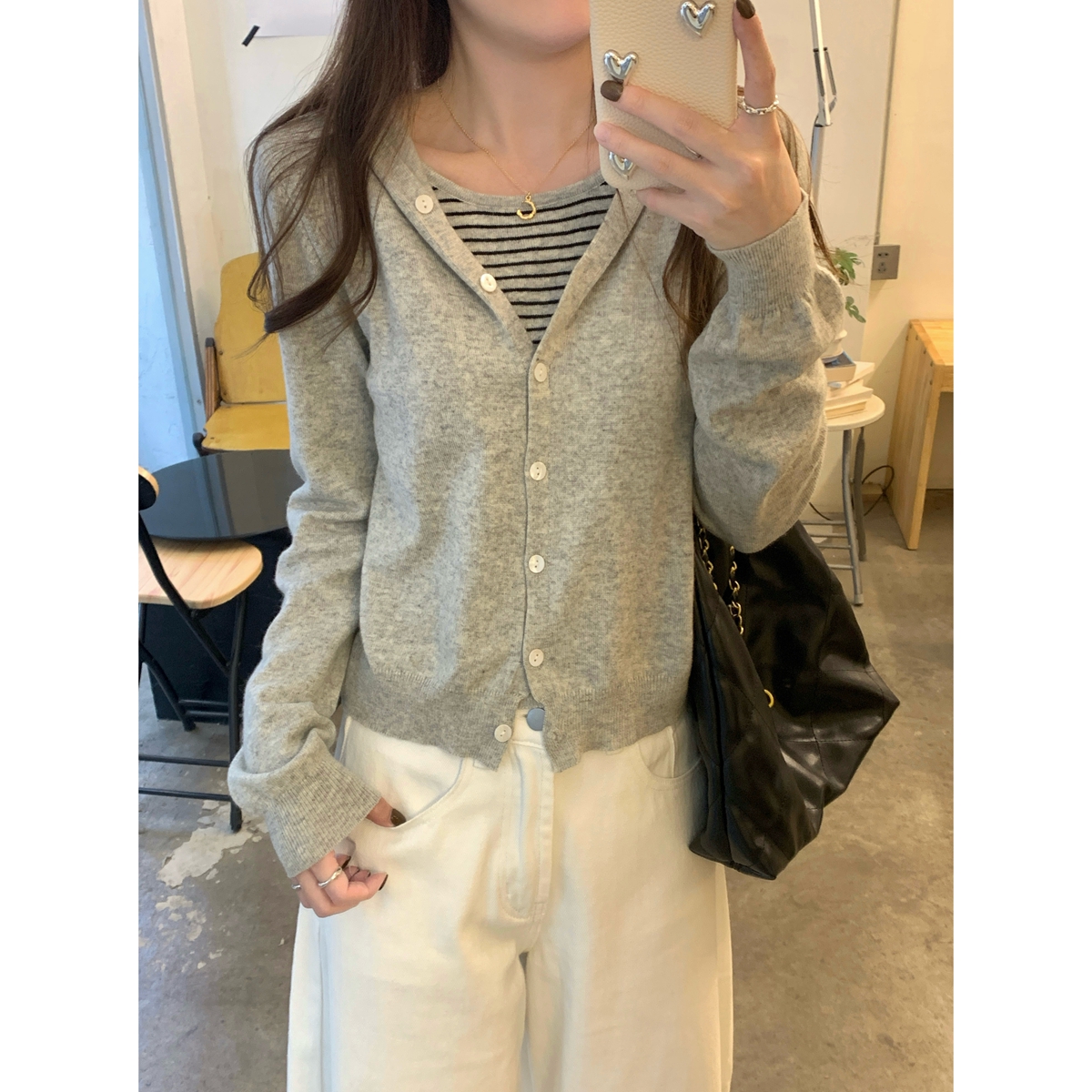 Real shot of autumn and winter Korean style contrast striped fake two-piece hooded versatile sweater long-sleeved bottoming sweater for women