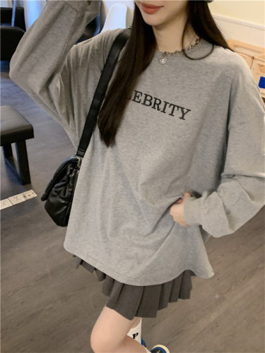 Actual shot of new autumn and winter pure cotton printed long-sleeved T-shirt for women Korean style loose mid-length casual tops for women