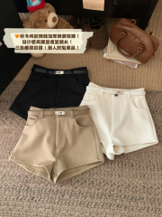 Real shooting, padded Hong Kong style retro spicy girl casual shorts women's high waist A word simple outerwear wide leg shorts 