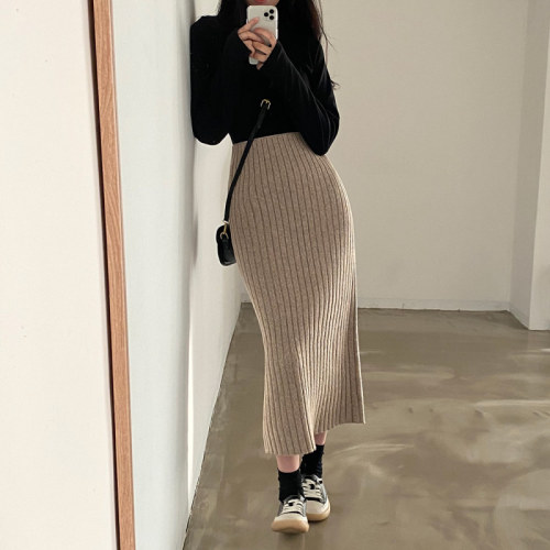 Korean chic versatile pit strip slimming high-waisted wool knitted skirt for women