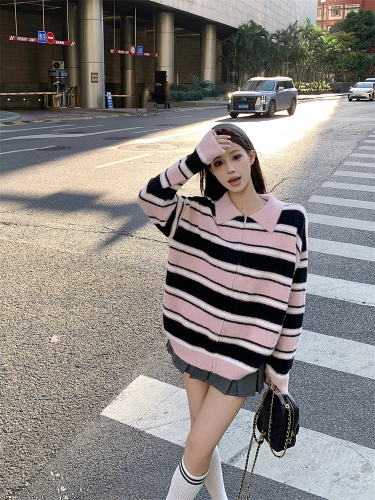 Real shot Korean style striped zipper sweater loose furry coat