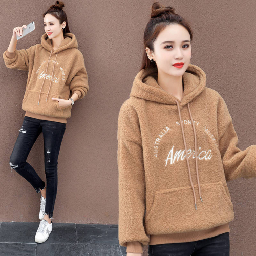 Velvet thickened imitation lamb wool sweatshirt for women 2024 autumn and winter new Korean style loose hooded warm jacket for women