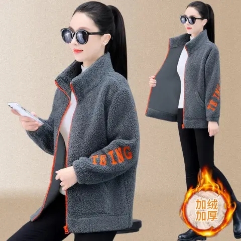 Lamb wool plus velvet 2024 new autumn and winter loose Korean style zipper cardigan thickened lamb wool jacket