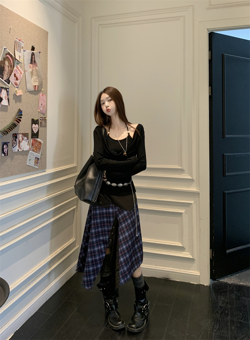 Photographed Retro Color-blocked Striped Skirt with Irregular Hemline Slimming and Versatile Long Dress + Simple Two-piece Set
