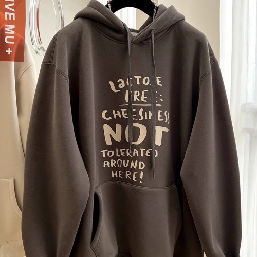 Thick velvet, letter printed hooded pullover sweatshirt for women, autumn and winter lazy style, loose casual top, trendy