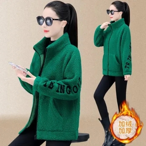 Lamb wool plus velvet 2024 new autumn and winter loose Korean style zipper cardigan thickened lamb wool jacket