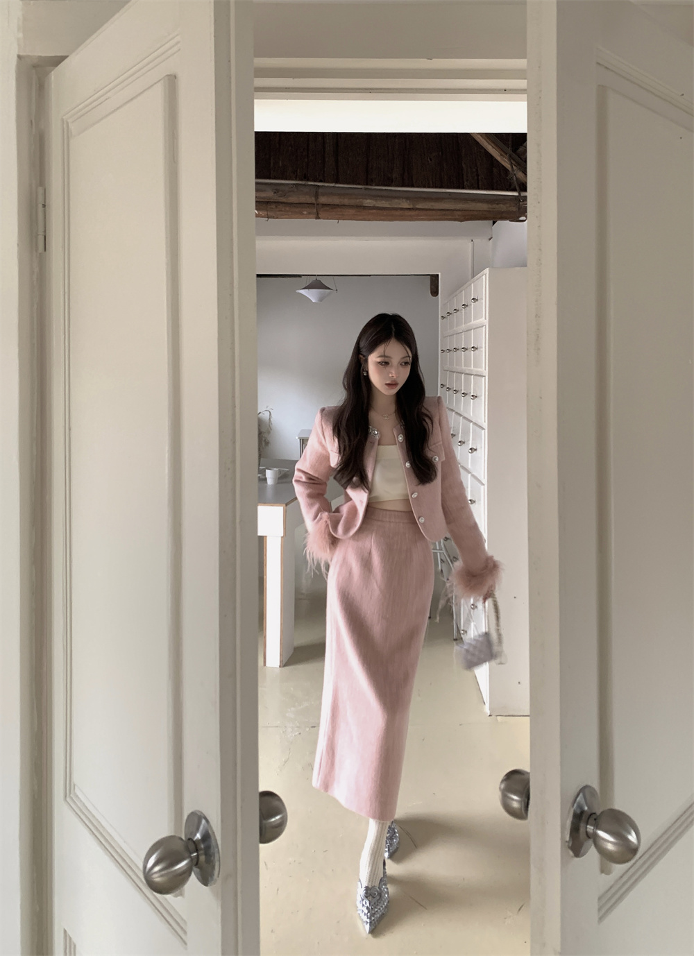 Live-action noblewoman rich heiress high-waist slimming medium-length skirt cotton-filled little Shangri-La-style coat two-piece fashion set