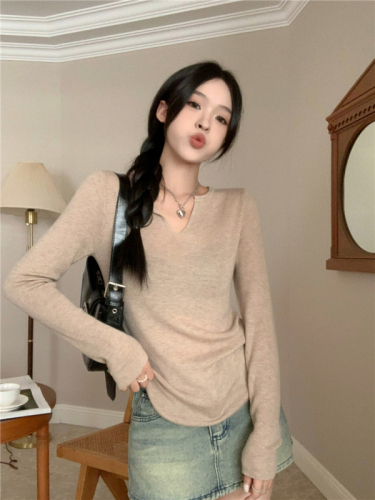 Actual price Lazy style slim V-neck long-sleeved sweater women's solid color inner top