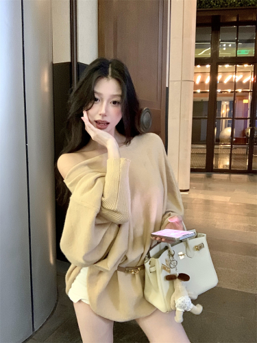 Actual shot ~ Lazy temperament, bat sleeves, loose design, waist slimming, versatile knitted sweater, free belt