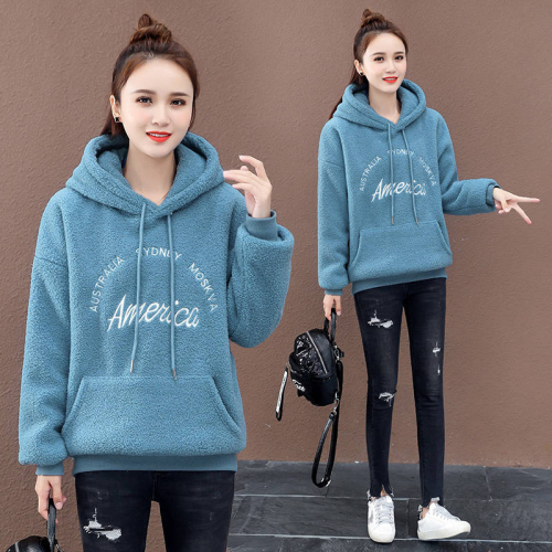 Velvet thickened imitation lamb wool sweatshirt for women 2024 autumn and winter new Korean style loose hooded warm jacket for women