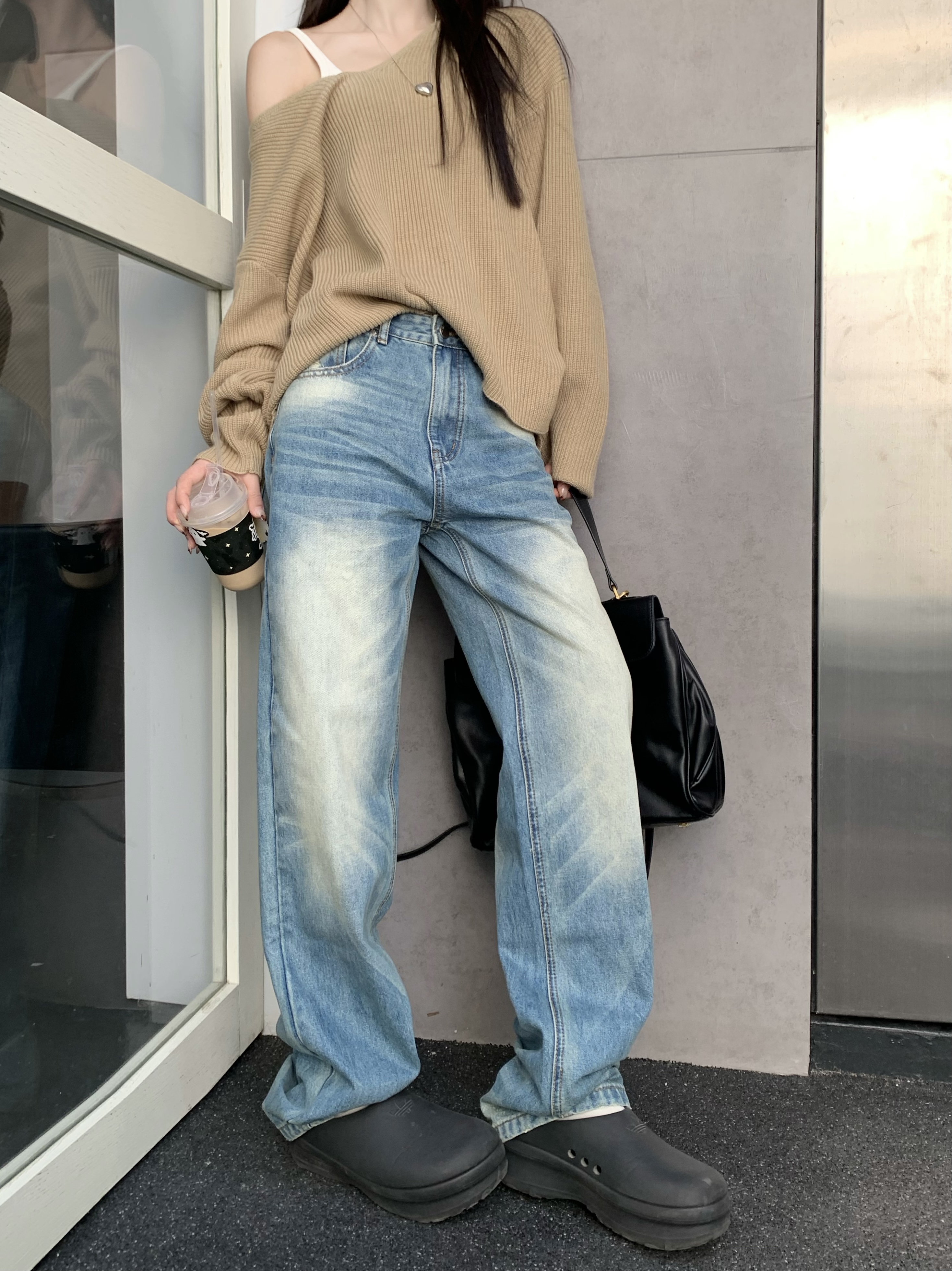 Real shot!  Pressed crepe whiskers blue jeans for women Korean style new white floor-length loose straight casual pants
