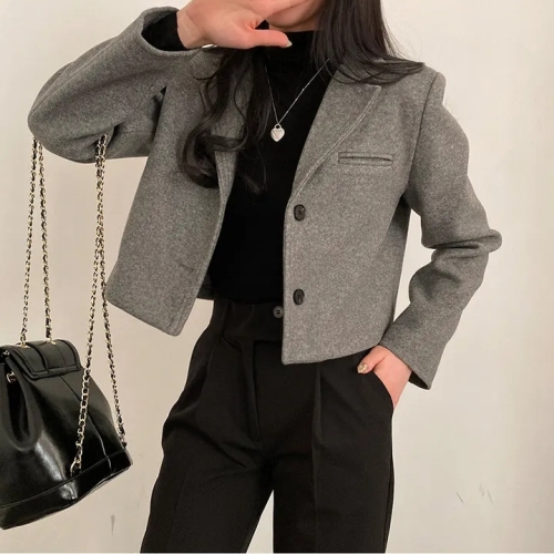 chic Korean winter retro simple high-end suit collar single-breasted thickened short woolen suit jacket