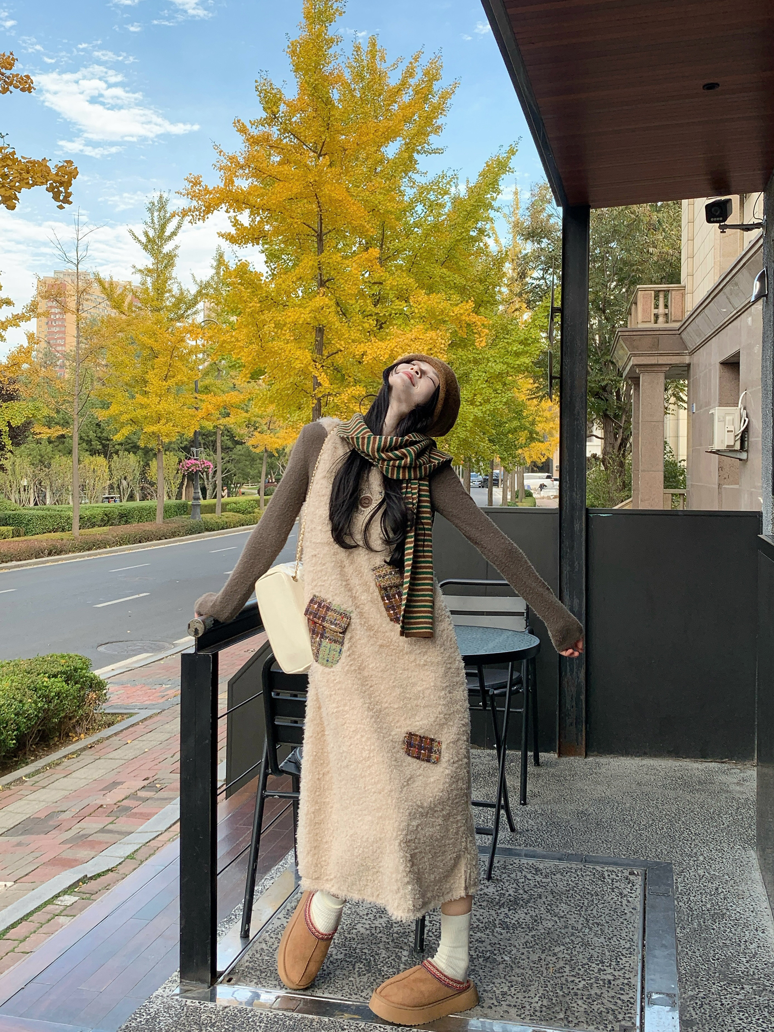 Real shot~ Autumn and winter Korean style small fragrance circle fuzzy splicing vest skirt + knitted inner layer bottoming shirt set 