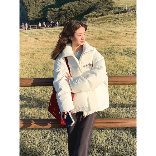 Milky apricot color thickened cotton jacket for women new 2024 winter plus velvet thickened thermal insulation loose cotton jacket for women