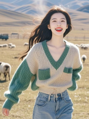 Green Plaid V-neck Knit Sweater for Women - 2024 Autumn/Winter New Loose Lazy Style Color-blocked Soft Knit Top