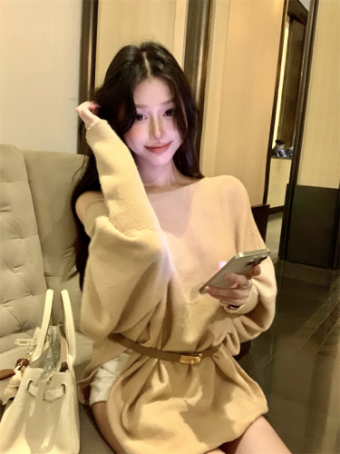 Actual shot ~ Lazy temperament, bat sleeves, loose design, waist slimming, versatile knitted sweater, free belt