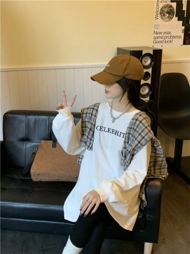 Actual shot of new autumn and winter pure cotton printed long-sleeved T-shirt for women Korean style loose mid-length casual tops for women