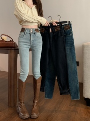 Photographed winter new padded and thick leopard print decorated elastic denim pencil pants