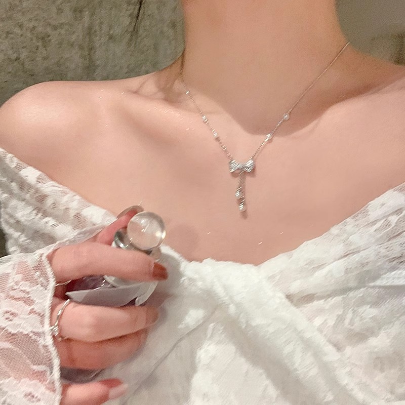 小眾高級感微鑲鋯石蝴蝶結項鍊女百搭氣質長款流蘇珍珠鎖骨鏈頸鏈