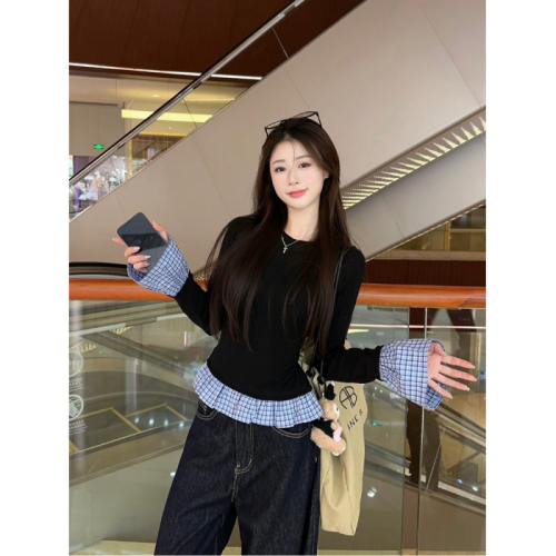 Casual retro fake two-piece long-sleeved round neck plaid T-shirt for women autumn slim fit top