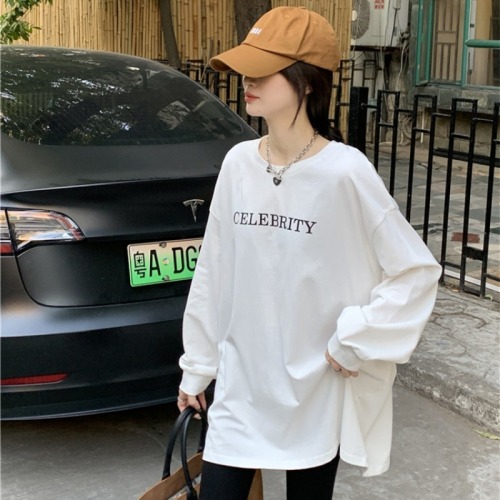 Actual shot of new autumn and winter pure cotton printed long-sleeved T-shirt for women Korean style loose mid-length casual tops for women