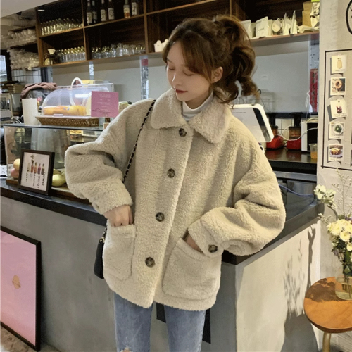 Official picture 300g imitation sherpa jacket for women autumn and winter new style loose plus velvet thickening for women