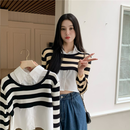 Actual price Striped stitching fake two-piece long-sleeved shirt for women with design sense Polo collar short top