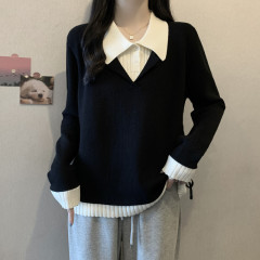 Actual shot of fat girl's autumn and winter plus size women's clothing, fake two-piece slimming sweater to cover belly, loose knitted sweater top