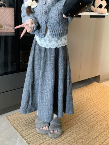 Real shot ~ Winter high-waisted long skirt with velvet and thickened A-line skirt for small people