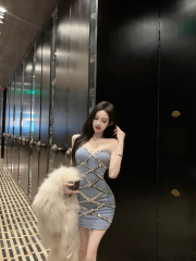 Photo-shoot Blue Sequin Splice Bralette Dress with One-Shoulder Fitted Handmade Dress