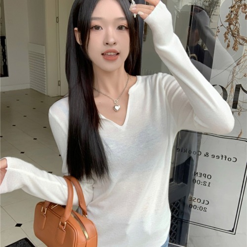 Actual price Lazy style slim V-neck long-sleeved sweater women's solid color inner top