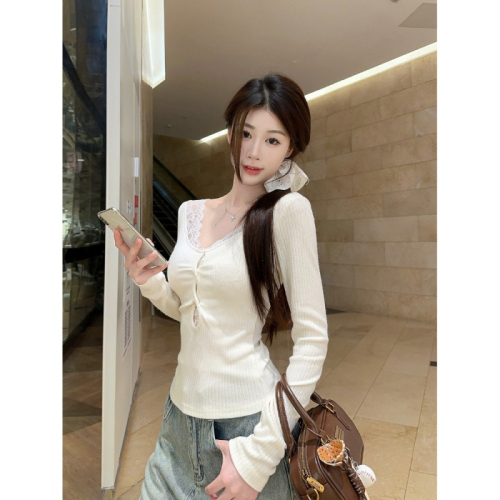 Hot girl pure desire lace stitching hollow long-sleeved T-shirt women's early autumn sexy short bottoming shirt