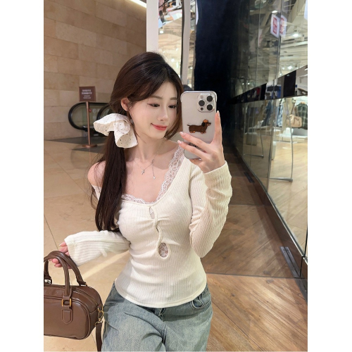 Hot girl pure desire lace stitching hollow long-sleeved T-shirt women's early autumn sexy short bottoming shirt