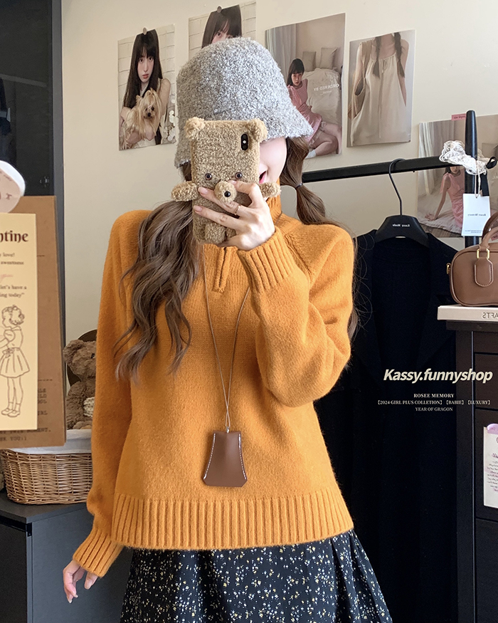 Live Shot~ New Autumn/Winter Korean Style Loose Minimalist Solid Color Half-Neck Zip Knit Hat for Women