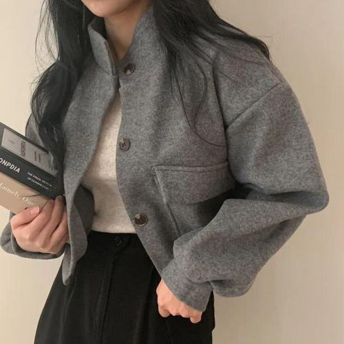 2024 Autumn and Winter Korean chic stand-up collar single-breasted loose casual fashion versatile long-sleeved short woolen coat for women