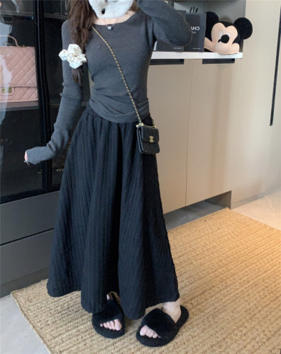 Real shot ~ Winter high-waisted long skirt with velvet and thickened A-line skirt for small people