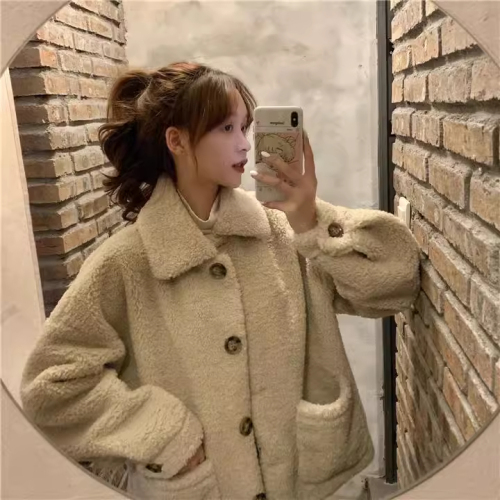 Official picture 300g imitation sherpa jacket for women autumn and winter new style loose plus velvet thickening for women