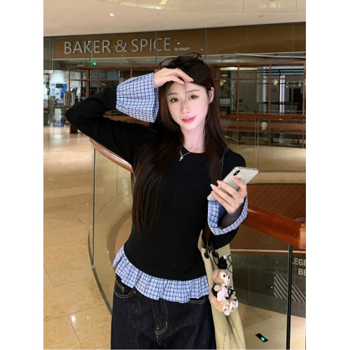 Casual retro fake two-piece long-sleeved round neck plaid T-shirt for women autumn slim fit top