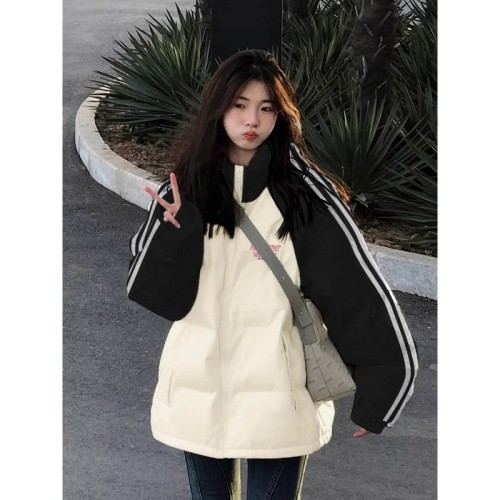 Black and white raglan color-blocked stand-up collar cotton coat for women 2024 early winter new style high-end three-stripe coat top clothes