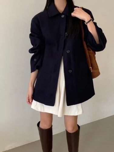 chic Korean style winter French simple lapel single-breasted casual loose versatile woolen windbreaker jacket