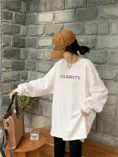 Actual shot of new autumn and winter pure cotton printed long-sleeved T-shirt for women Korean style loose mid-length casual tops for women